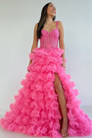 A-Line Sweetheart Hot Pink Ruffle Tiered Tulle Corset Prom Dresses Evening Gown with Side Slit DM25101603