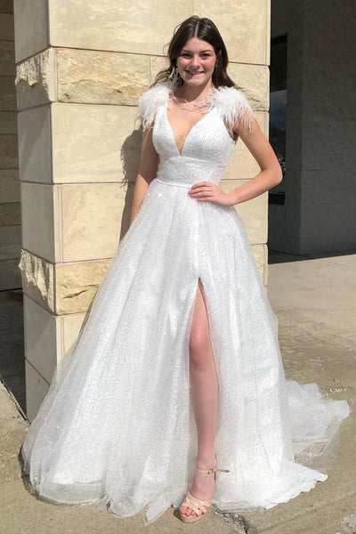Sparkly A-Line Light Blue Sequins Long Prom Dress with Slit DM3082810