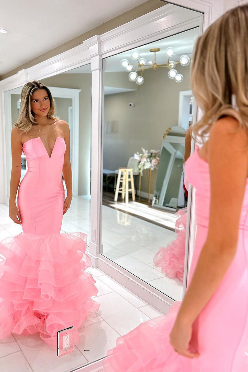 Pink Strapless Mermaid Long Prom Dresses MD4010801