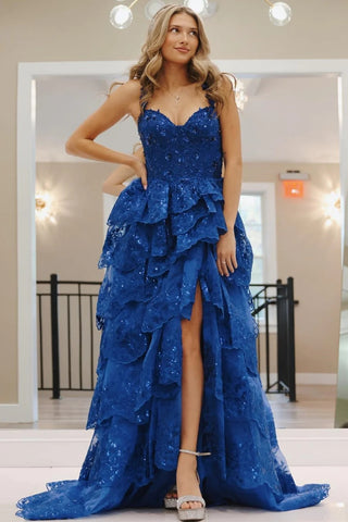 Blue Tulle Sequin Sweetheart Ruffle Tiered Long Gown MD110907