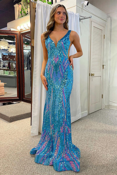 Mermaid V Neck Blue Sequins Lace Long Prom Dresses MD4011705