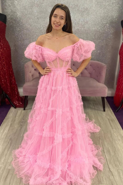 A Line Off the Shoulder Fuchsia Tulle Corset Prom Dress with Bowknot DM3082802