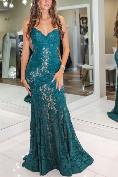 Gorgeous Strapless Peacock Blue Lace Long Prom Dress with Beads DM26103004