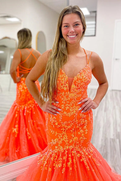 Trendy Mermaid Spaghetti Straps Orange Long Prom Dress with Appliques MD123107