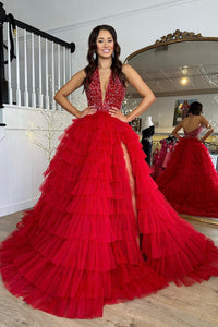 Princess A-Line Halter Ruffle Tiered Tulle Long Prom Dress with Slit MD4033105