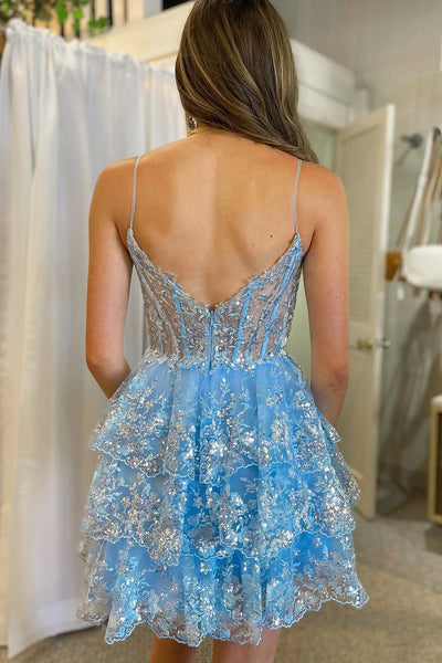 Exquisite A-Line Sweetheart Blue Spakle Lace Short Homecoming Dresses LD30802602