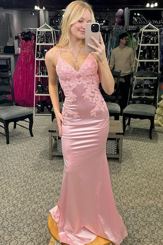 Mermaid V Neck Pink Satin Long Prom Dress with Appliques MD4031204