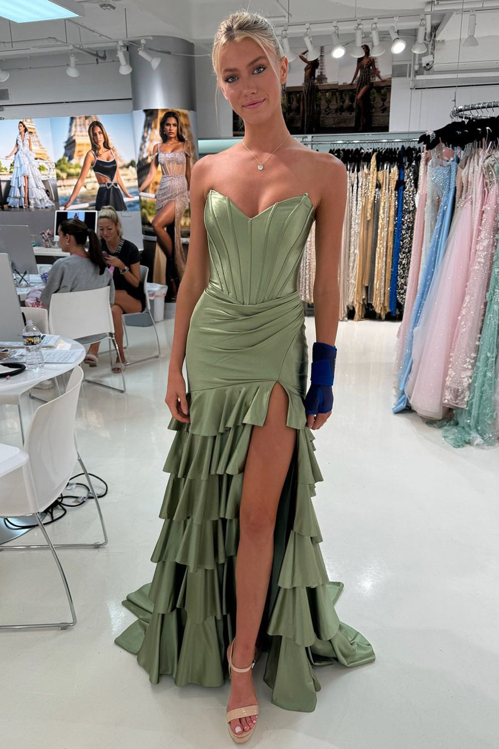 Mermaid Sweetheart Sage Green Satin Tiered Prom Dress with Slit DM24121706 Dressmeet Mermaid Sweetheart Sage Green Satin Tiered Prom Dress with Slit DM24121706 Dressmeet