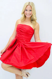 Red Strapless Satin Short A-Line Homecoming Dresses with Bownot DM24082405