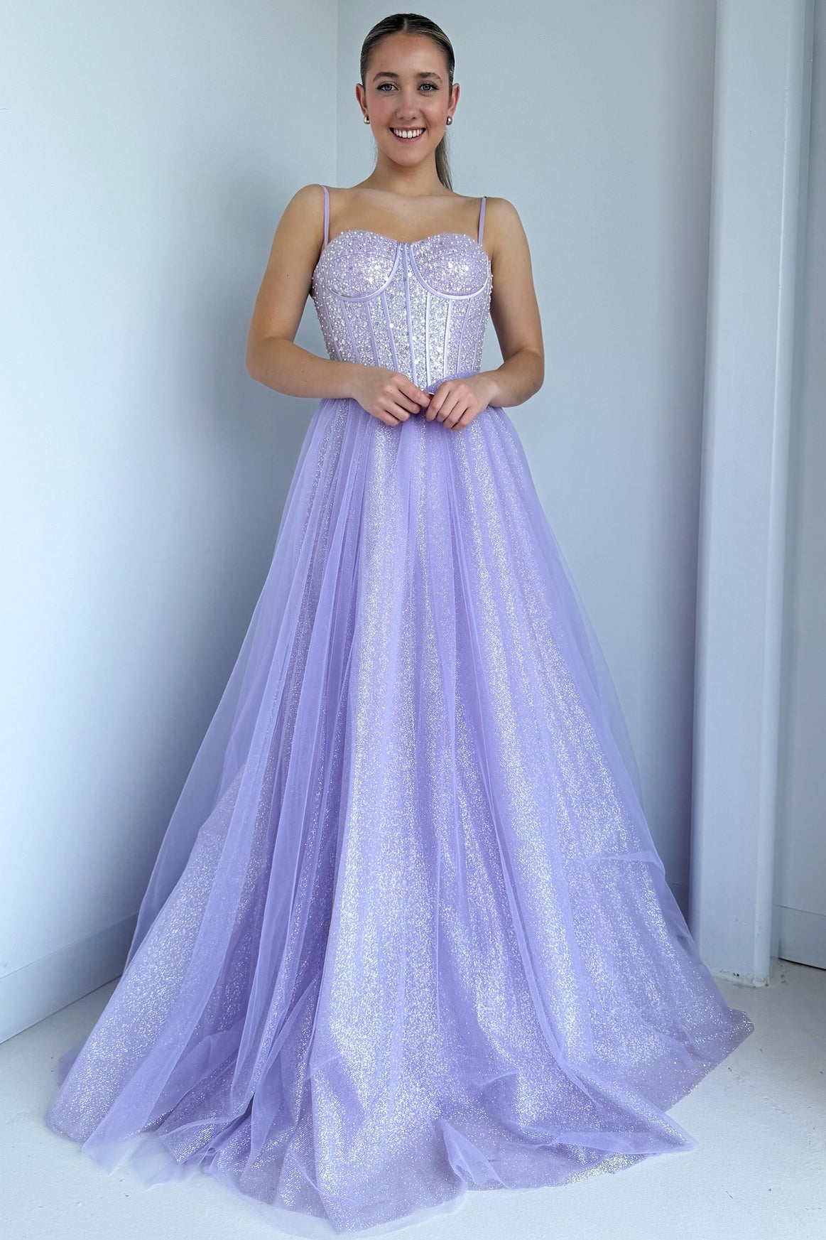 A-Line Sweetheart Lilac Sequins Tulle Long Prom Dresses DM25101602