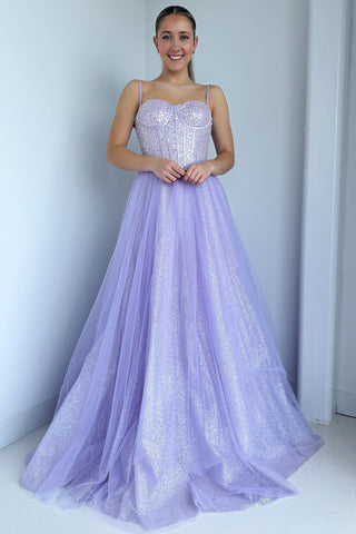 A-Line Sweetheart Lilac Sequins Tulle Long Prom Dresses DM25101602