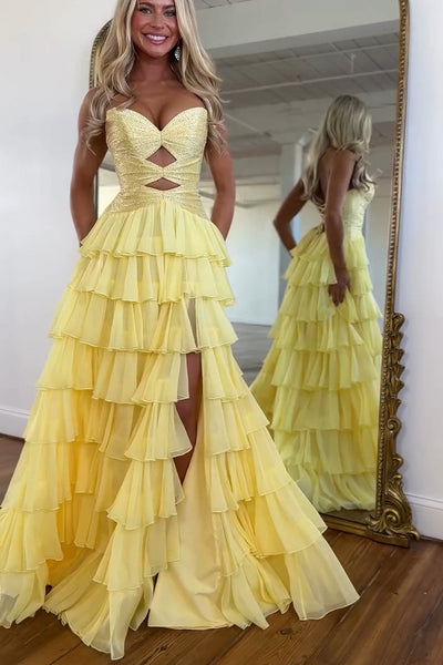 A Line Sweetheart Keyhole Yellow Tiered Prom Dress with Slit DM15010405