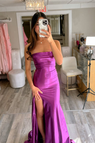 Charming Mermaid Strapless Purple Metallic Satin Prom Dress with Slit DM16021107