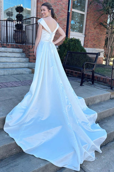 White V Neck High-Waist A-Line Long Wedding Dress MD120305