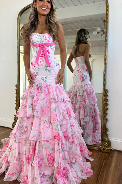 Cute Mermaid Strapless White Pink Floral Chiffon Prom Dress DM3213901