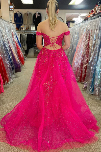 Fuchsia Off the Shoulder Tulle Long Prom Dresses with Appliques MD4012201