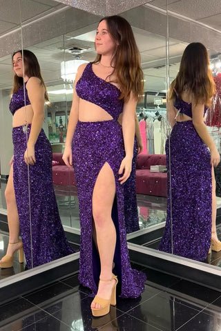Mermaid One Shoulder Purple Sequins Long Prom Dress with Slit MD4050805