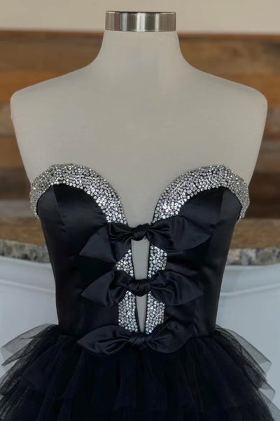 Black Strapless Bow Ruffle Long Prom Dress with Slit MD121601