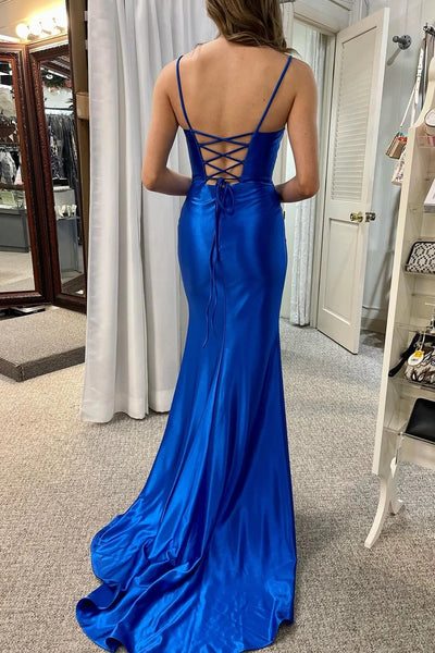 Royal Blue Scoop Neck Lace-Up Pleated Mermaid Gown MD4010902