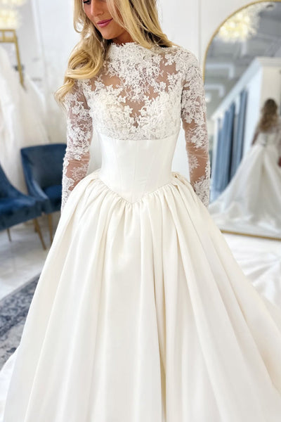 Gorgeous Ball Gown High Neck Satin Wedding Dress with Long Sleeves DM52112707