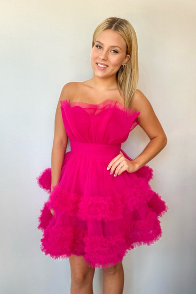 Fuchsia Strapless Tiered Tulle Short Homecoming Dresses DM4080715