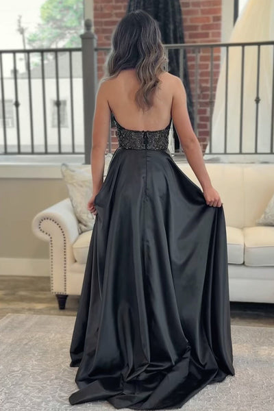Charming A Line Halter Black Satin Prom Dress with Beading DM52120606