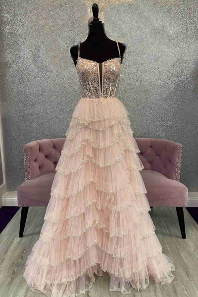 Cute A Line Straps Blush Pink Tulle Layered Long Prom Dresses with Slit