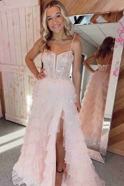 Cute A Line Straps Blush Pink Tulle Layered Long Prom Dresses with Slit