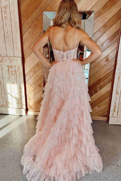 Cute A Line Straps Blush Pink Tulle Layered Long Prom Dresses with Slit