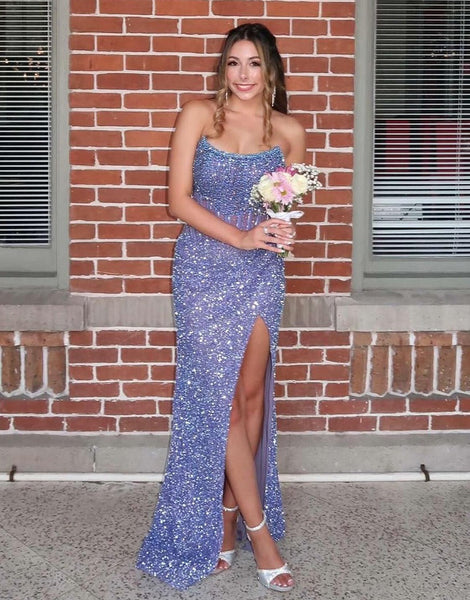 Charming Mermaid Scoop Neck Champagne Sequins Long Prom Dresses With Beading