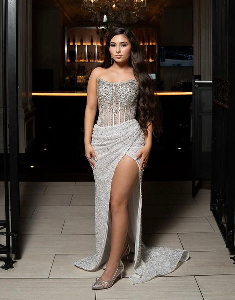 Charming Mermaid Scoop Neck Champagne Sequins Long Prom Dresses With Beading