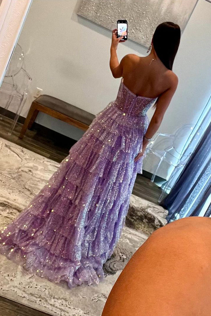 Cute A Line Sweetheart Lavender Sequins Tulle Long Prom Dresses with Split Dressmeet Cute A Line Sweetheart Lavender Sequins Tulle Long Prom Dresses with Split Dressmeet