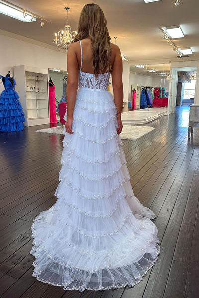 White Sweetheart Tiered Tulle Long Prom Dresses with Appliques MD112202