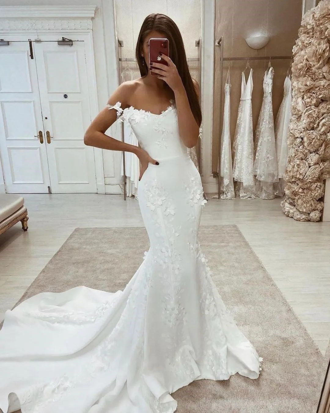 Mermaid Off the Shoulder White Satin Wedding Dresses with Lace Appliques DM24071105