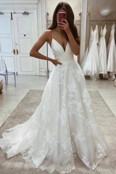 A-Line Deep V Neck Satin Wedding Dresses with Lace SH24071402