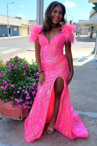 Sweet Mermaid Off the Shoulder Hot Pink Sequins Lace Long Prom Dress with Slit DM090707