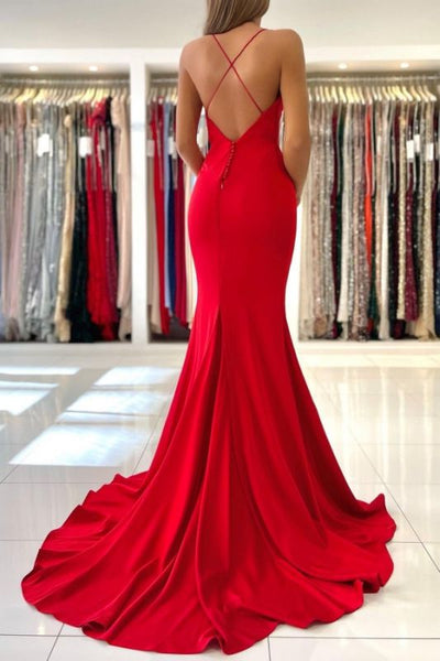 Exquisite Red Spaghetti Straps Sleeveless Mermaid Satin Prom Dresses LD210309