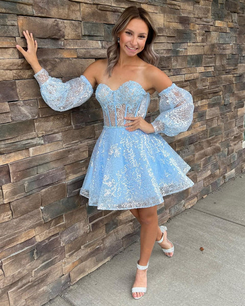 Light Blue Sweetheart Short Homecoming Dresses with Sleeves DM24071913