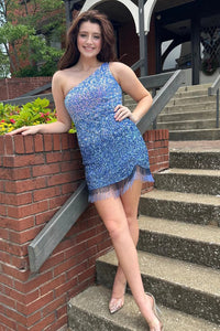 Sparkly Blue Sequined One Shoulder Tight Short Homecoming Dress with Fringes MD091705