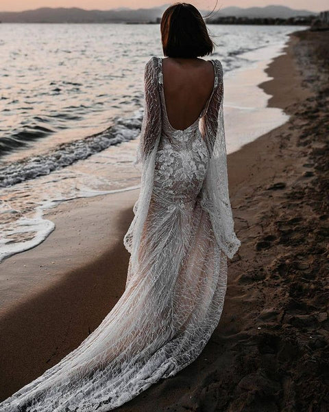 Gorgeous Mermaid Long Sleeve Ivory Lace Wedding Dresses  LD210401