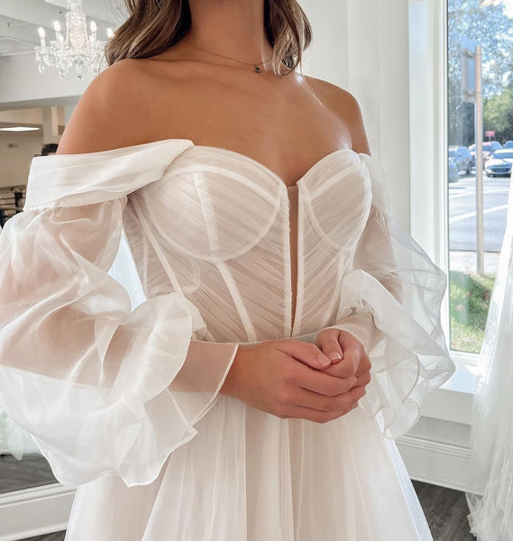 A-Line Off the Shoulder Long Sleeve White Tulle Wedding Dresses with Slit DM24070804