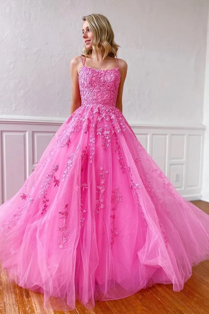 Pretty A-Line Scoop Neck Pink Tulle Long Prom Dresses with Appliques DM24070806