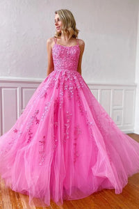 Pretty A-Line Scoop Neck Pink Tulle Long Prom Dresses with Appliques DM24070806