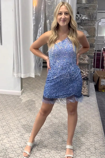 Sparkly Blue Sequined One Shoulder Tight Short Homecoming Dress with Fringes MD091705