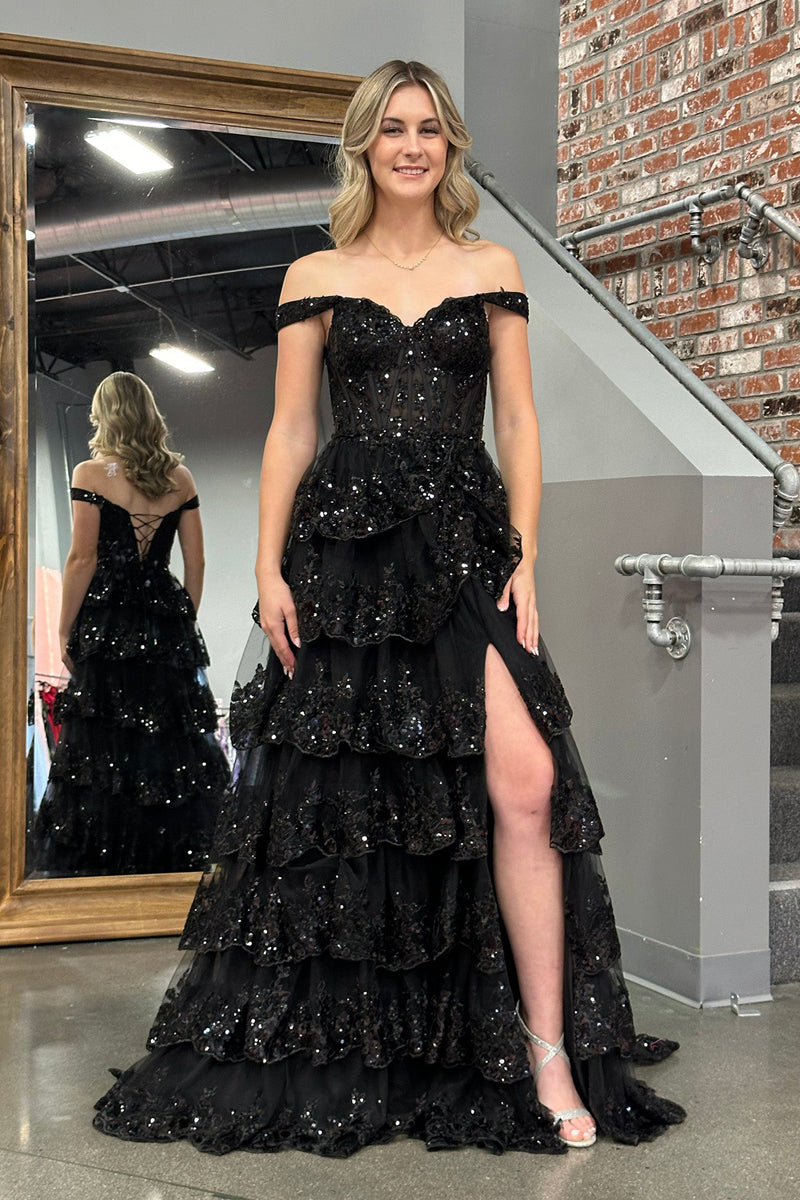 Black Off the Shoulder Ruffle Tiered Tulle Long Prom Dresses MD4012004