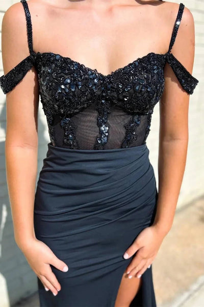 Stylish Mermaid Off the Shoulder Black Corset Prom Dress with Split Front MD112302