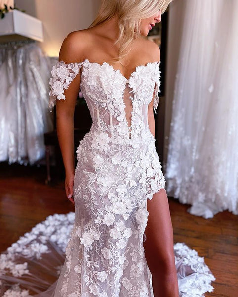 Mermaid Off the Shoulder Lace Appliques  Wedding Dresses with Slit DM24071110