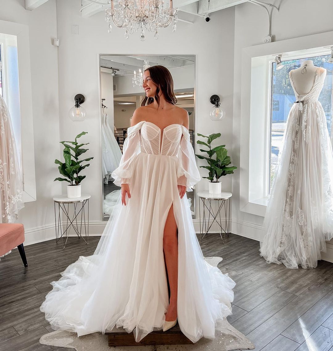 A-Line Off the Shoulder Long Sleeve White Tulle Wedding Dresses with Slit DM24070804