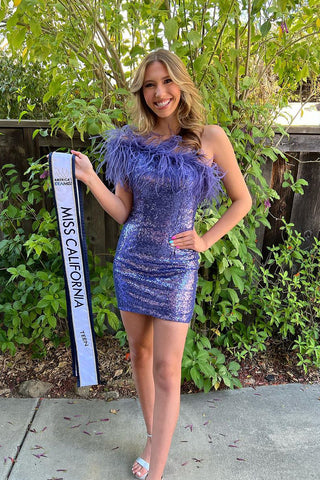 Sparkly Bodycon Feathered One Shoulder Short Homecoming Dresses LD30802605