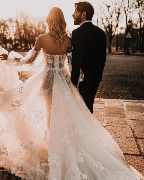 Attractive Off the Shoulder Long Sleeves White Tulle Wedding Dresses with Appliques DM24070803